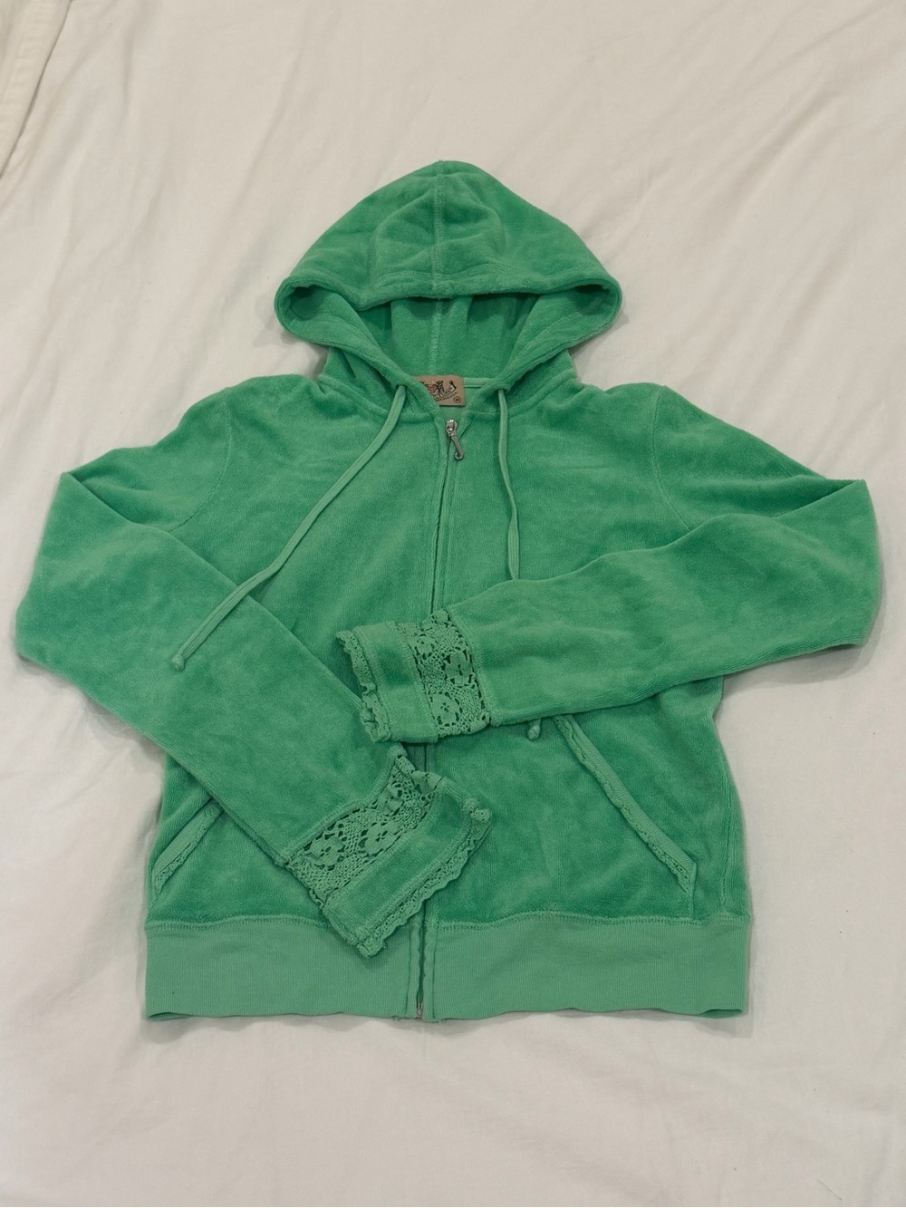 Rare vintage Y2K lime green juicy couture terry cloth zip up with crochet detail